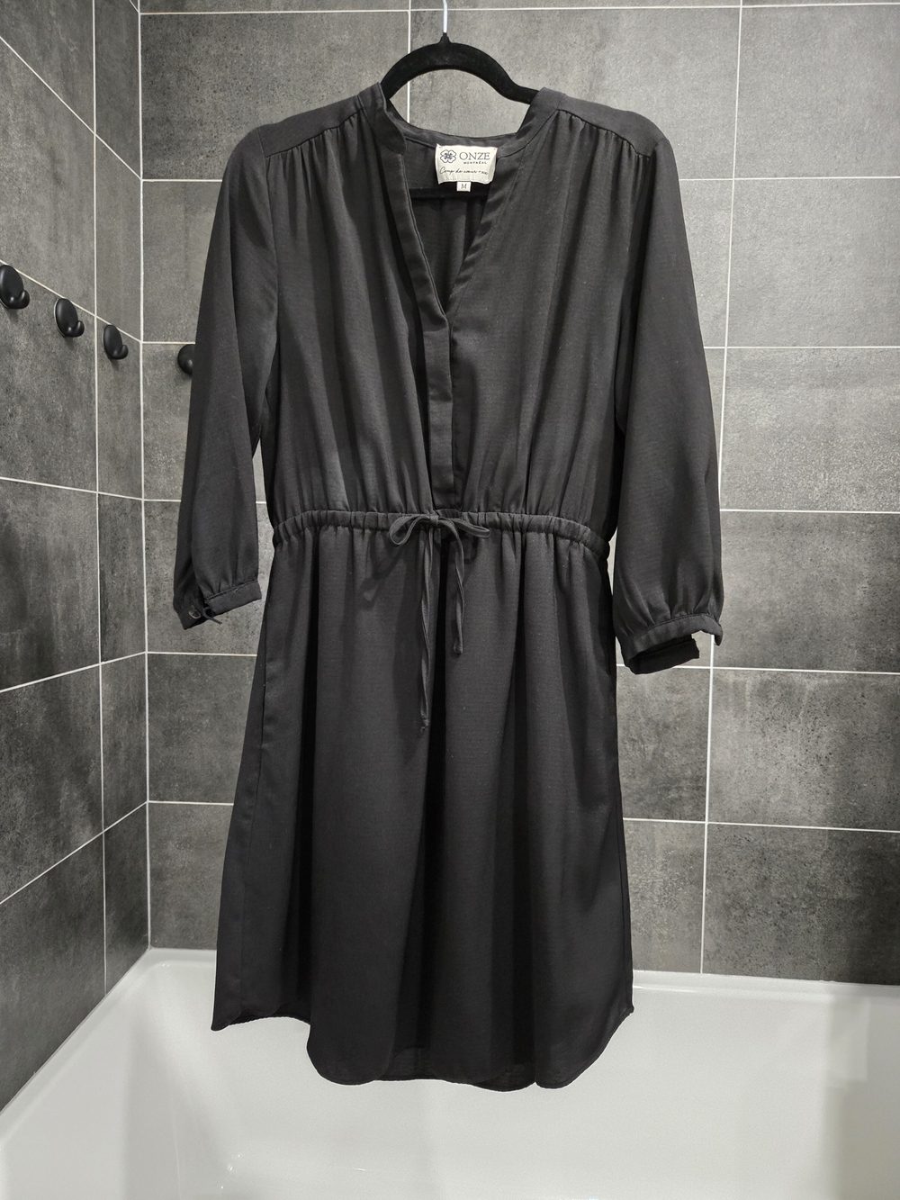 Black Drawstring Waist V-Neck Dress